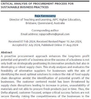 Critical Analysis Of Procurement Process For Sustainable Business Practices | Raja Kannusamy