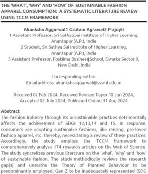 The ‘What’, ‘Why’ And ‘How’ Of Sustainable Fashion Apparel Consumption: A Systematic Literature Review Using TCCM Framework | Akanksha Aggarwal, Gautam Agrawal & Prajoyli Sharma