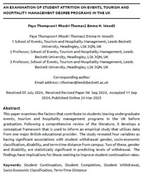 An Examination Of Student Attrition On Events, Tourism And Hospitality Management Degree Programs In The UK | Faye Thompson, Rhodri Thomas & Emma H. Wood