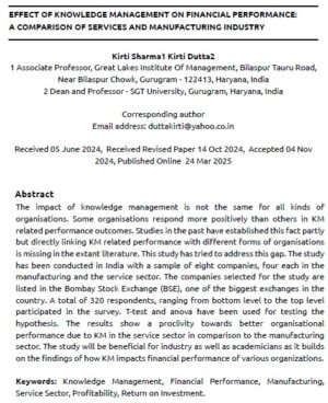 Effect Of Knowledge Management On Financial Performance: A Comparison Of Services And Manufacturing Industry | Kirti Sharma & Kirti Dutta