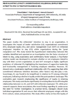 Re-Evaluating Loyalty: Understanding Millennial Employees' Intent To Stay In The Post- Pandemic Era | Vimal Babu, Vipin Kumar & Amresh Kumar